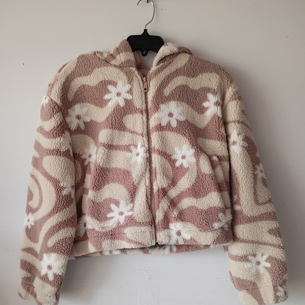 Wild Rose Sherpa Hoodie Women Small Mauve Cream Floral Swirl Zip Up Jacket - Picture 2 of 10